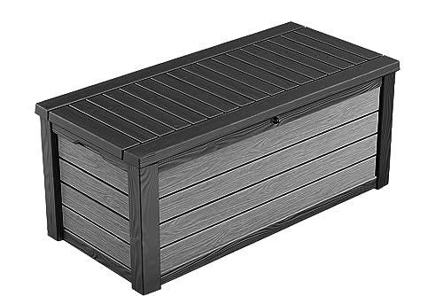 Keter Brushwood Kissenbox, Auflagenbox, 454 Liter Volumen, Wasserdicht, Graphit, Holzoptik, Sitzbank für 2 Erwachsene (max. 300kg), 145x69.7x60.3cm, Allzwecktruhe von Keter