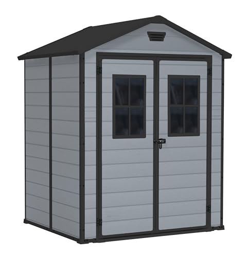 Keter Lineus 6x5 Gartenhaus mit Türfenster, Außenmaße: 185cm x 152cm x 226cm, Innenmaße: 169cm x 138cm x 219cm, Evotech Material, wetterfest, grau/schwarz, Kunststoff von Keter