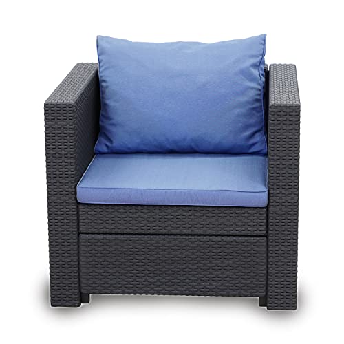 Keter – Loungesessel Rattan-Optik in Anthrazit inkl. passendem Sitz- & Rückenkissen in blau - Rattansessel für Balkon, Garten und Terrasse - Produktmaße: T65xB68xH77 von Keter