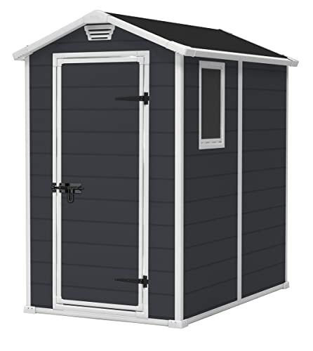 Keter Manor 4x6 Gartenhaus, kompakt & wartungsfrei, wetterfest, mit Bodenpaneel & Belüftung, Dunkelgrau, Maße: 130 x 192 x 198 cm von Keter