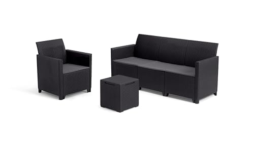 Keter Nora Gartenmöbel Lounge Set, inkl. Sitzkissen, grau, für 4 Personen, wahlweise 3er Sofa + Sessel oder 2er Sofa + 2 Sessel und Tisch von Keter