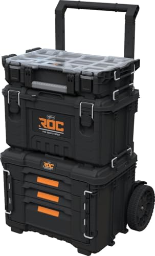 Keter Pro Gear XL Werkstattwagen mit Werkzeugkoffer und Organizer - 3 Schubladen - 64x47x79-105 cm - Schwarz von Keter