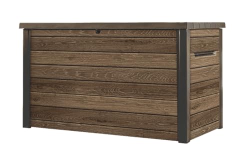 Keter Signature Aufbewahrungsbox 870L Walnuss - Gartenbox mit Holzoptik & Sitzfunktion - Wetterfeste Kissenbox mit Gasdruckfedern von Keter