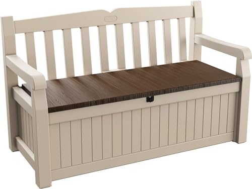 Keter Sitzbank Eden für Balkon und Garten, Gartenbank mit integrierter Kissenbox mit 265 l Stauraum, 140x60x84cm, wetterfest, pflegeleicht, beige, Outdoor, Holzoptik von Keter