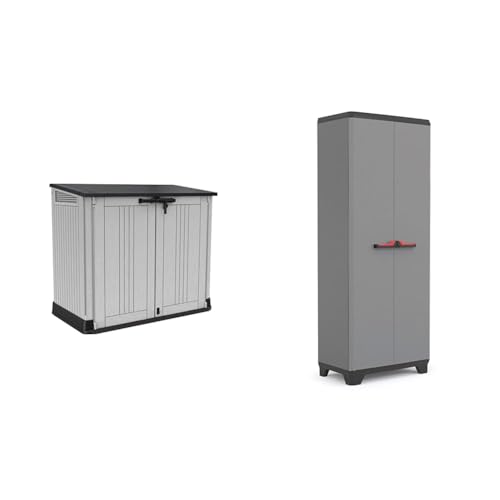 Keter Store It Out Nova Gartenmöbel-Lagerschuppen, Hellgrau mit dunkelgrauem Deckel & Stilo Mehrzweck-Garagenschrank für den Innenbereich, Grau/Schwarz/Rot von Keter