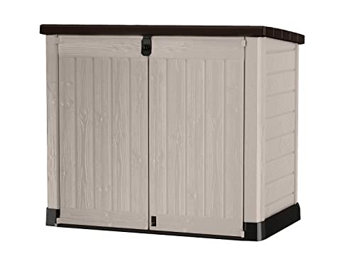 Keter Store it Out Pro Mülltonnenbox mit Gasdruckfeder, wetterfest, abschließbar, beige, 1.200 L, 145,5 x 82 x 123cm, passend für 2x240l Abfalltonnen von Keter
