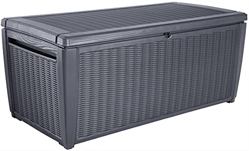 Keter Sumatra Auflagenbox, Kissenbox für draußen, 511 L, wetterfest, Deckel mit Gasdruckfeder, Außenmaße:145x73x64 cm, Sitzgelegenheit für 2 Personen Graphit von Keter