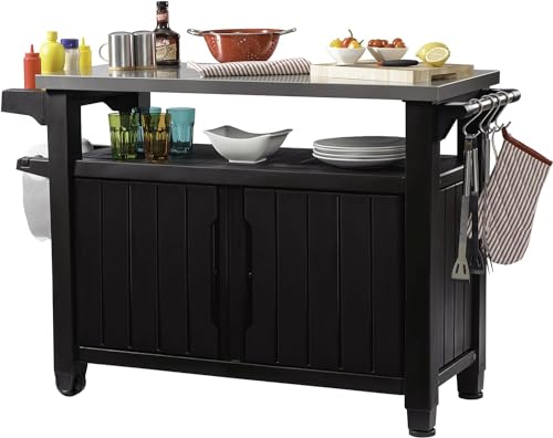 Keter Unity XL BBQ Beistelltisch, Abmessungen 134x51.7x89.6cm, braun, wetterfest, Arbeitsplatte aus Edelstahl, Outdoor Sideboard, perfekt für das Grillen im Winter von Keter