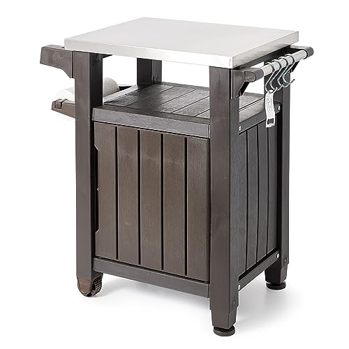 Keter Unity Portable 40 Gal Outdoor Table and Storage Cabinet w/ Accessory Hooks, Stainless Steel Top for Patio Kitchen Island or Bar Cart, Dark Brown von Keter