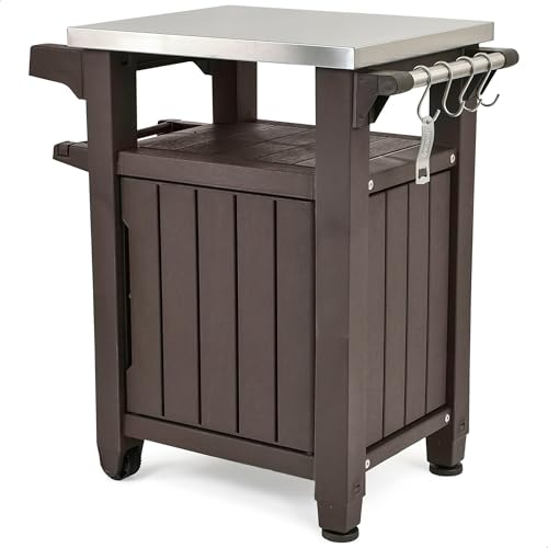 Keter Unity Portable 40 Gal Outdoor Table and Storage Cabinet w/ Accessory Hooks, Stainless Steel Top for Patio Kitchen Island or Bar Cart, Dark Brown von Keter