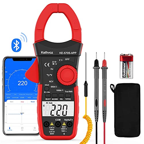 Bluetooth Clamp Meter Zangenamperemeter, Kethvoz Anto Range True-RMS Stromzange NCV Voltmeter 570S-APP Measure AC/DC Spannung Strom,Durchgang Widerstand Kapazität Temperatur von Kethvoz
