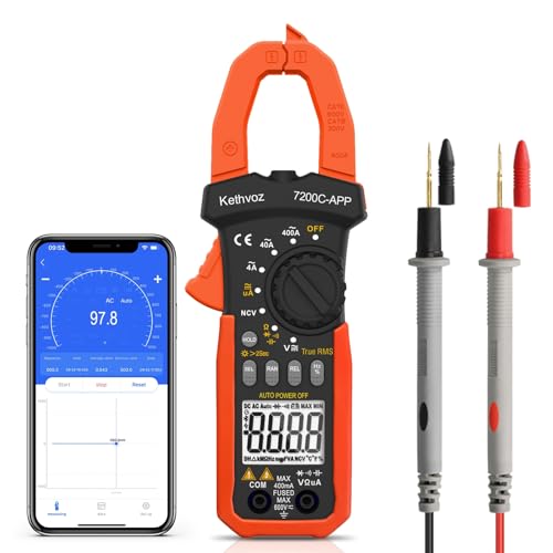 Bluetooth Stromzange Clamp Meter, Kethvoz 4000 Counts TRMS Zangenmultimeter Auto Range Messung 0-400A DC/AC Strom Spannung Ohm Kapazität Durchgang NCV, Digitale Zangenamperemeter von Kethvoz