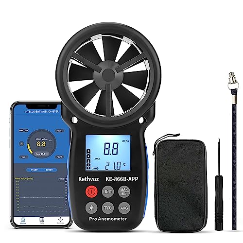 Digital Anemometer Bluetooth Vane Windmesser, Kethvoz Mini Wind Speed Meter Thermometer to Measure Max/Average/Current Air Flow for Drone Kite Flying KE-866B-APP von Kethvoz