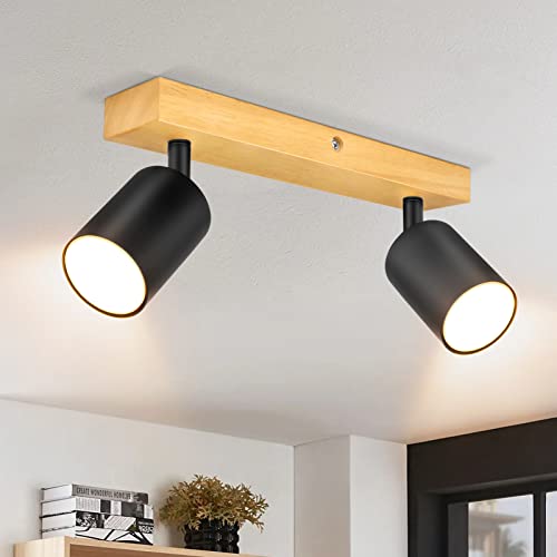 Ketom GU10 Deckenstrahler LED Schwarz - Holz Deckenlampe 2 Flammig - LED Deckenleuchte Schwenkbar - Modern Strahler Deckenspot - Ohne Leuchenmittel von Ketom