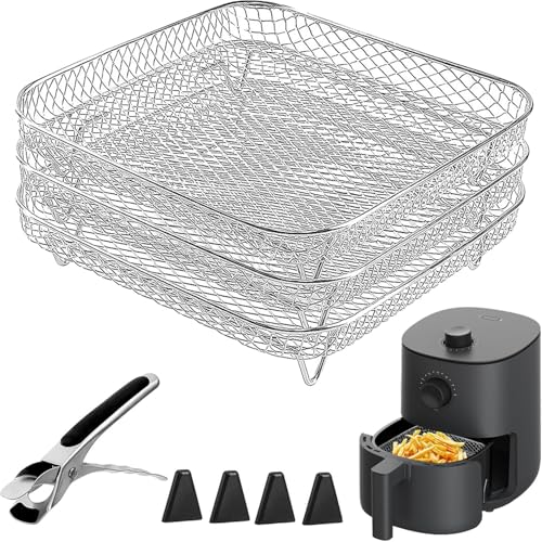 Kettion Luftfritteusen Regal aus 304 Edelstahl 3 lagig stapelbares, 20cm Gitter für Heißluftfritteuse Zubehör Eckig, Airfryer Zubehör für Heißluftfritteuse 5,5L/6L von Kettion