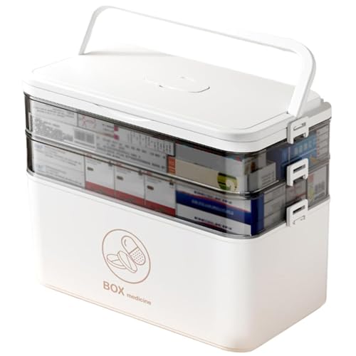 Kettion 3 Etagen Medikamenten Aufbewahrung, 30X16X24cm Medizinbox mit Tragbarer Griff, Multifunktions Medikamenten Organizer, Hausapotheke Box, Medikamentenbox Groß, Aufbewahrungsbox Weiß von Kettion