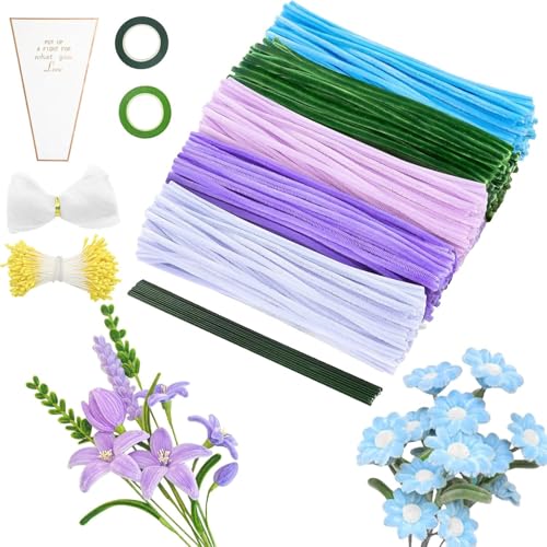 Kettion 400 Stück Chenilledraht in 5 Farben für Bastelprojekte, Blau Lila Pfeifenreiniger 360 Stück Staubgefäße,2 Stück Blumendraht zum Basteln mit Geschenkband,Ideal für kreativeDIY Projekte von Kettion