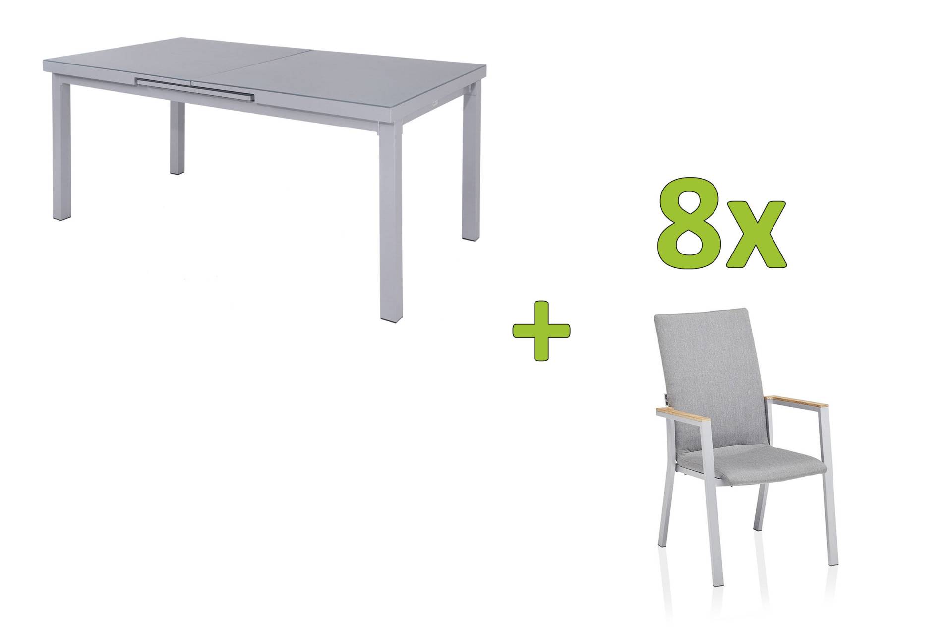 KETTLER Rasmus Dining-Set, Silber/Grau, Aluminium/Sicherheitsglas/Teak, Tisch 180/240x100 cm, 8x Sessel, Stapelbar, Ausziehbar von Kettler