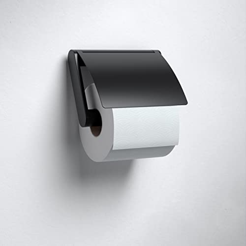 KEUCO Toilettenpapierhalter aus Metall, schwarz matt pulverbeschichtet, mit Deckel, WC-Rollenhalter für Badezimmer und Gäste-WC, Plan Black Selection von Keuco