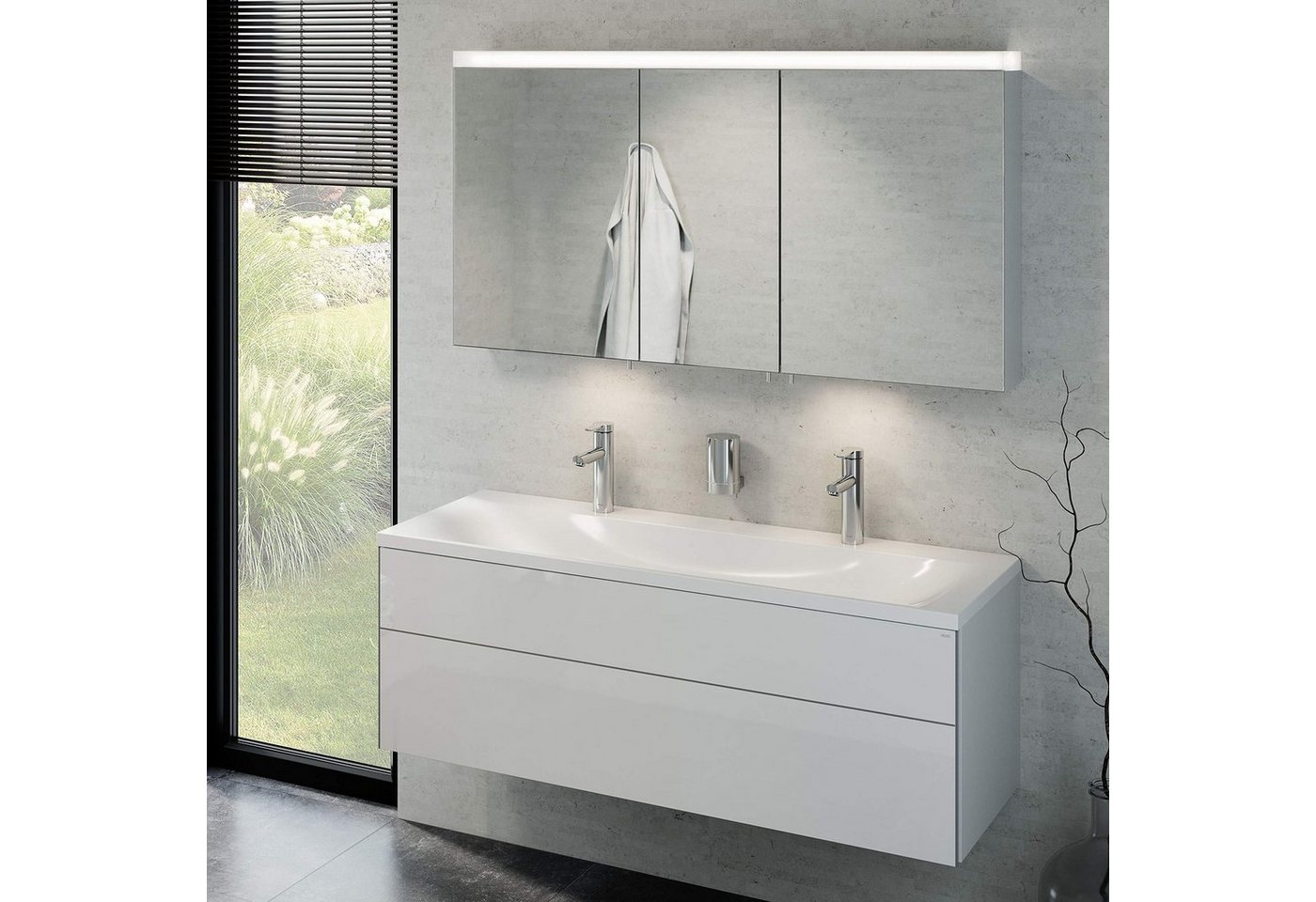 Keuco Badmöbel-Set Royal Reflex, (3 teilig, Badmöbel Set - Waschbecken, Unterschrank, LED Spiegelschrank), Badezimmerspiegelschrank mit Beleuchtung, weiß-hochglanz, 130 cm von Keuco