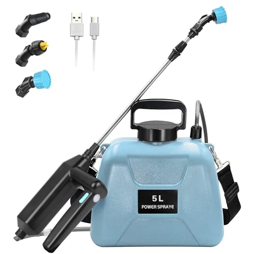 Kevsuvqin Akku Drucksprüher 5 Liter mit USB Ladegriff, Gartenspritze Drucksprüher 5L mit Teleskopstange, Rückenspritze mit 3 Düsen & verstellbarem Schultergurt, Sprühgerät für den Pflanzenschutz von Kevsuvqin