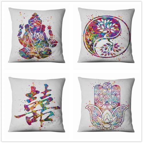 4er Set Kissenbezug Farbiger Buddha-Fisch Moderne Dekor Kissenhülle Baumwoll und Leinen Kissenbezüge, mit Verstecktem Reißverschluss, 4 Stück Kissenbezug für Sofa Couch Schlafzimmer 45x45cm/18x18in von Kewier