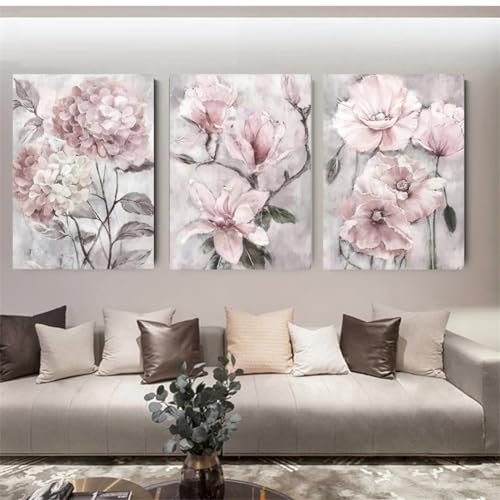 3 Pack DIY 5D Diamond Painting Kit, 3 Teilig Diamond Painting Bilder Erwachsene Full Bohrer Diamant Stickerei Malerei Crystal Strass Kunsthandwerk für Haus Home Wand Dekor Pinke Blume Round 120x60cm von Kewwier