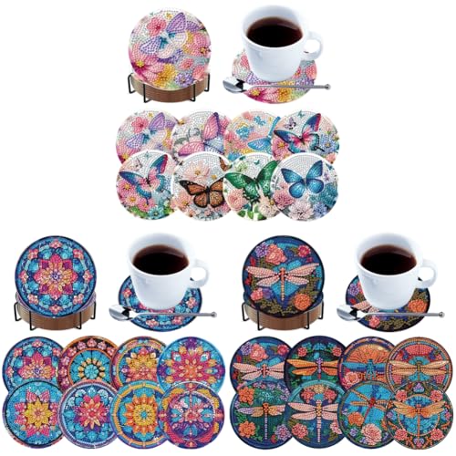 Holzuntersetzer Set mit 8 Untersetzern mit DIY Diamond Painting Kit für Tiere, Heimdekoration für Erwachsene und Anfänger von Kexpery