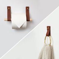 2-Teiliges Badezimmer-Hardware-Set Aus Leder Und Holz, Toilettenpapierhalter, Messing-Handtuchring, Übergangsstil, Minimales Halbbad-Design, Hygge von Keyaiira