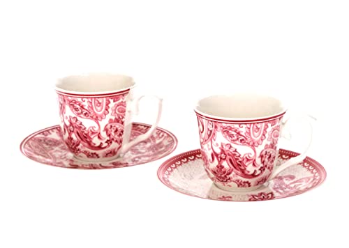 Keyhomestore - 1 Paar Tassen aus Keramik, Bordeaux-Dekor, weißer Hintergrund, Höhe 10 cm, ideal für Pausen von Tee, Kaffee und Kräutertees oder als Geschenk für Freunde und Familie. von Keyhomestore