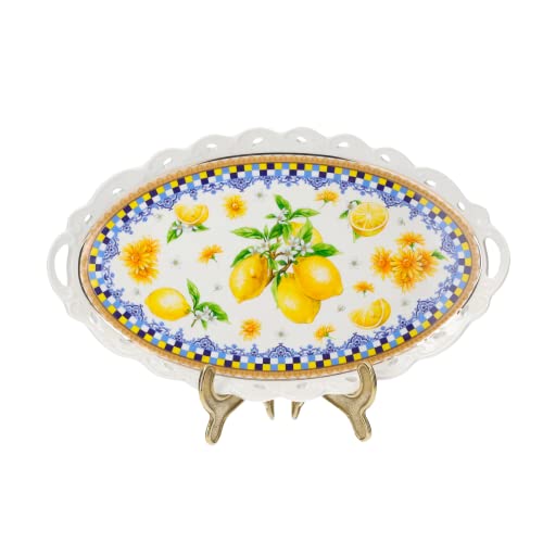 Keyhomestore -Dekoratives Tablett aus Keramik, verziert mit Zitronen und Blumen, gelb, auf weißem Hintergrund, ideal für die Küche. von Keyhomestore