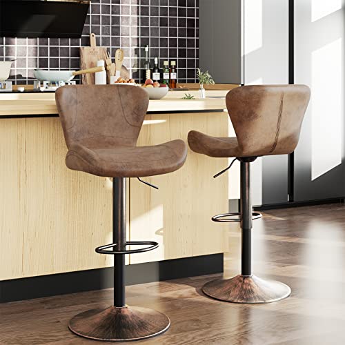 Barhocker 2er Set Verstellbare Drehbar Thekenhöhe Barhocker Barhocker Barstuhl mit Rückenlehne und Metallrahmen Modern PU Leder Barhocker Stühle für Küche Bistro Pub Retro Braun von Keyluv