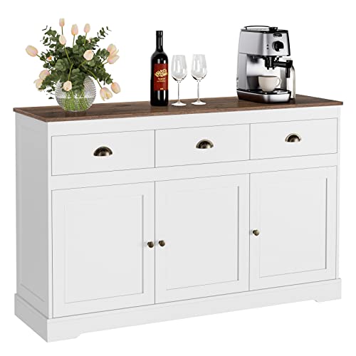 Buffet Cabinet Storage Kitchen Cabinet Sideboard Farmhouse Buffet Server Bar Wine Cabinet with 3 Drawers & 3 Doors Adjustable Shelves Console Table for Dining Living Room Cupboard, White von Keyluv