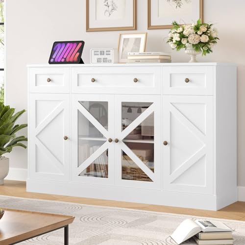 Keyluv Buffet Sideboard 139.7 cm Großer Aufbewahrungsschrank 4 Türen und 3 Schubladen Bauernhaus Holz Kaffeebar Platzsparend Schrank Möbel für Esszimmer Küche Wohnzimmer Weiß von Keyluv