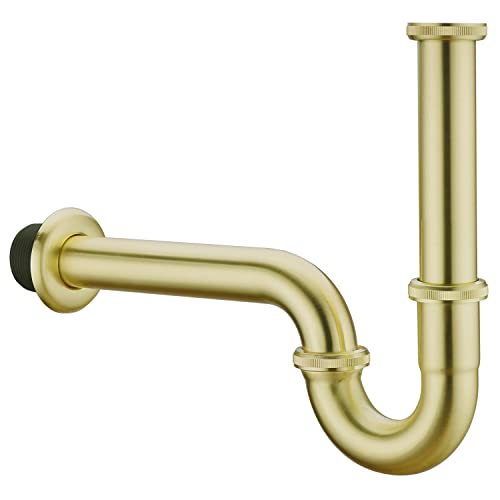 Keymark Siphon für Waschbecken Gold Gebürstete – Messing Röhrensiphon – Universal Geruchsverschluss Sifon Syphon Waschtisch 1 1/4" x 32mm - Ablaufgarnitur passgenau von Keymark