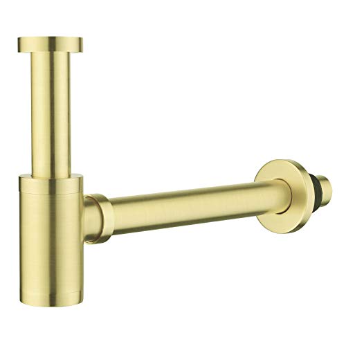 Keymark Design Siphon, Universal Designsiphon für Waschbecken & Waschtisch, Bad Abflussgarnitur passgenau Flaschensiphon 1 1/4 x 32mm, Geruchverschluss Messing, Gebürstete, Brushed Gold von Keymark