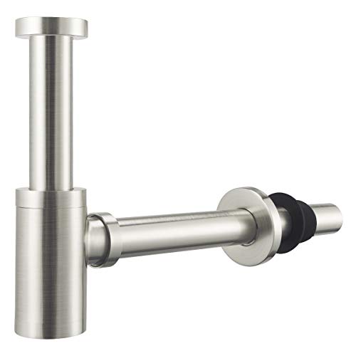 Design Siphon für Waschbecken & Waschtisch, Keymark Messing Syphon Sifon Universal Designsiphon, Bad Flaschensiphon 1 1/4 x 32mm, Geruchverschluss Röhrensiphon, Edelstahl Gebürstet Nickel von Keymark