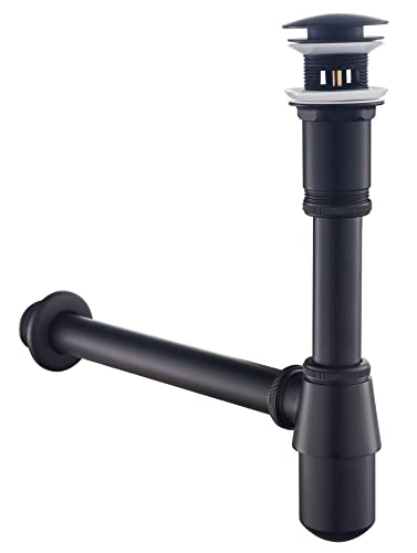 SET - Siphon mit Ablaufgarnitur mit Überlauf für Waschbecken Schwarz Matt - Keymark Universal Tassensiphon und Ablaufventil Bad - Messing Syphon Sifon Pop Up Abflussgarnitur Abfluss Waschtisch von Keymark