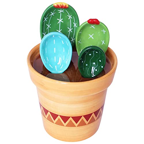 Keyohome 5 Stück Messlöffel Set im Topforganizer,Keramik Cactus Set,Keramik Kaktus Messlöffel mit Messbechern und Löffeln,für Küche Trocken Nass Messung Flüssigkeit Lebensmittel Salz und Zucker (A) von Keyohome