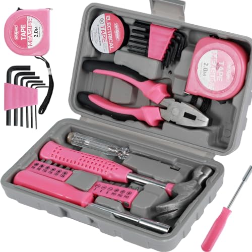 Pinkes Werkzeug-Set – 24-teiliges Haushalts-Handwerkzeug-Set, Mehrzweck-Reparatur-Werkzeugkasten mit Hammer, Inbusschlüssel-Set, Isolierband, Schraubendreher, Teststift, Zangen-Bits (24 Stück) von Keyohome