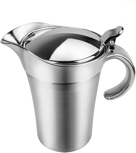 Edelstahl Sauciere 750ml, Doppelt Isoliert mit Klappdeckel Soßenkanne, Thermo-Sauciere mit Deckel, Eleganter Silberner Saucenkrug zum Servieren von Soße Vanillesoße Sahne Hause oder auf Dinnerpartys von Keyoung