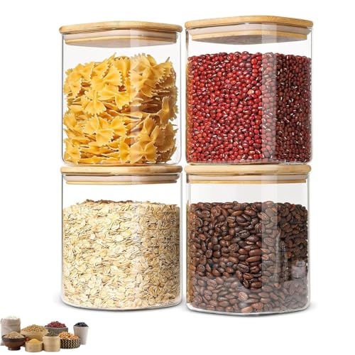 Keyoung 4 Stück Vorratsdosen Glas mit Bambusdeckel, 750ml Glasdosen Eckig, Versiegelte Frischhaltedosen Küche Vorratsgläser, für Lange Lebensmittelfrische, Mehl Zucker Spaghetti Kaffee Tee von Keyoung
