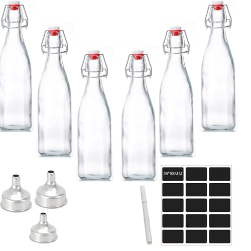 Keyoung 6er Set Glasflaschen 500ml mit Bügelverschluss - inkl 6 Extra Dichtungen, 3 Trichter & 15 Etiketten mit Stift - Glasflaschen für Öl, Essig, Saft & Likör - Bügelflaschen Zum Befüllen von Keyoung