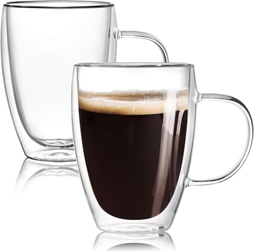 Keyoung Doppelmauerte Glas Kaffeetassen mit 2 Löffel, 350 ml Set von 2 isolierten Glaskaffeetassen mit Griff, klare Kaffeetassen für Cappuccino, Tee, EIS, Milch, Bier von Keyoung