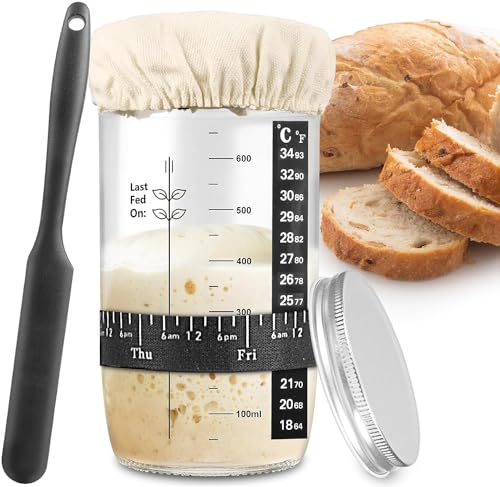 Keyoung Sauerteig-Starterglas mit Datum markiertem Fütterungsband, Thermometer, Sauerteig-Glasschaber, Sauerteig-Starter-Kit für Sauerteig-Brot, breite Öffnung für einfaches Füttern von Keyoung