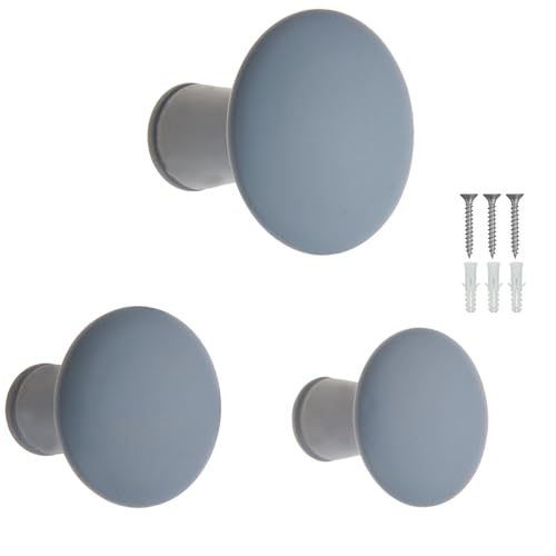 keypak Dekorative Wandhaken Wandgarderobe - Set mit 3 runden grauen Holz-Kleiderbügeln - zum Einschrauben - 50 mm - modern von Keypak