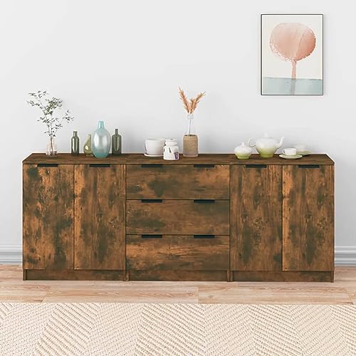 Keyroto 3 Stück Sideboard Küche Sideboard Wohnzimmer Moderne Anrichte Wohnzimmer Anrichte aus Holz Multischicht Eiche Rauch von Keyroto