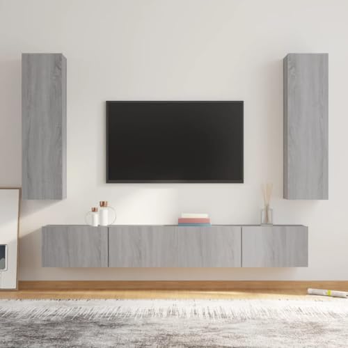 Keyroto 4 Stück Wohnwand Wohnzimmermöbel Set TV-Möbel Wohnzimmer Moderne TV-Möbel Set Hängeschrank aus Holz Mehrschichtig Sonoma Grau von Keyroto