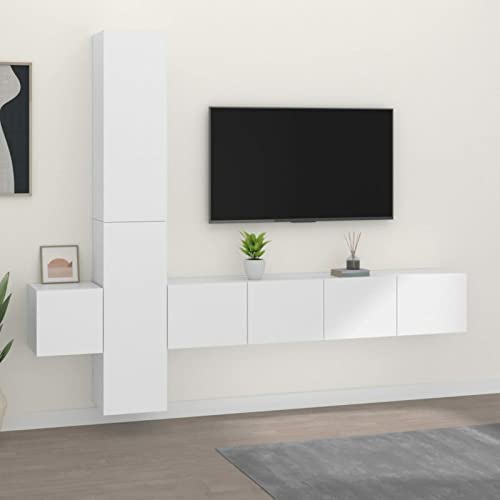 Keyroto 5 Stück Wohnwand Wohnzimmermöbel-Set TV-Möbel Moderne Wohnzimmermöbel Set TV-Möbel Hängeschrank aus Holz mehrschichtig weiß von Keyroto