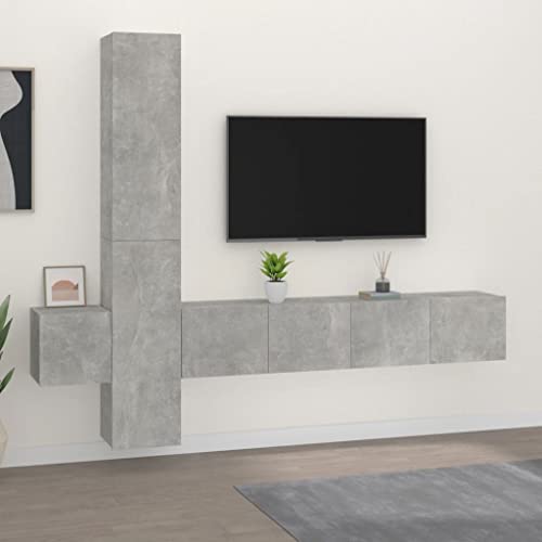 Keyroto 5 Stück Wohnwand Wohnzimmermöbel-Set TV-Möbel Wohnzimmer Moderne TV-Möbel Set Hängeschrank aus Holz Mehrschichtig Grau Beton von Keyroto